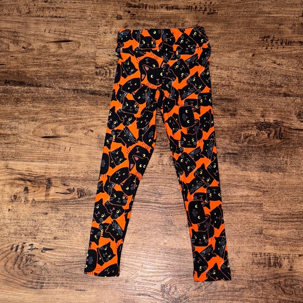 LuLaRoe Kids Leggings with Black Cat Print on Orange